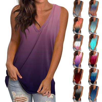 Women's Casual Fashion V-Neck Sleeveless Pullover Top Printed Vest T-Shirt