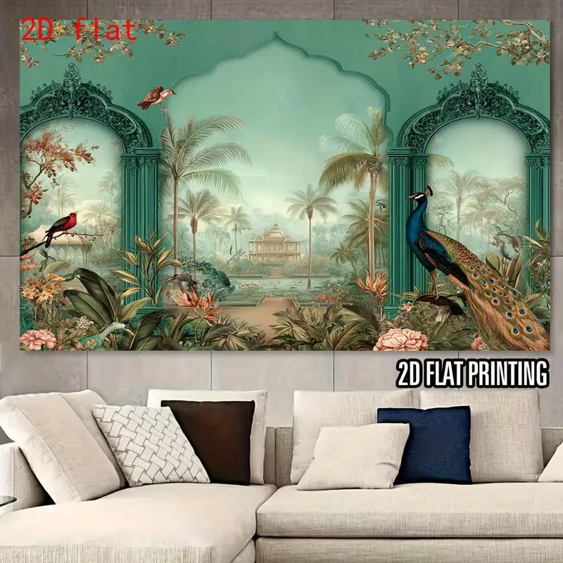 

2D Mughal Garden Peacock Backdrop Teal Green Vintage Palace Scenery for Party & Photoshoot 47.2x31.5inch/120*80cm
