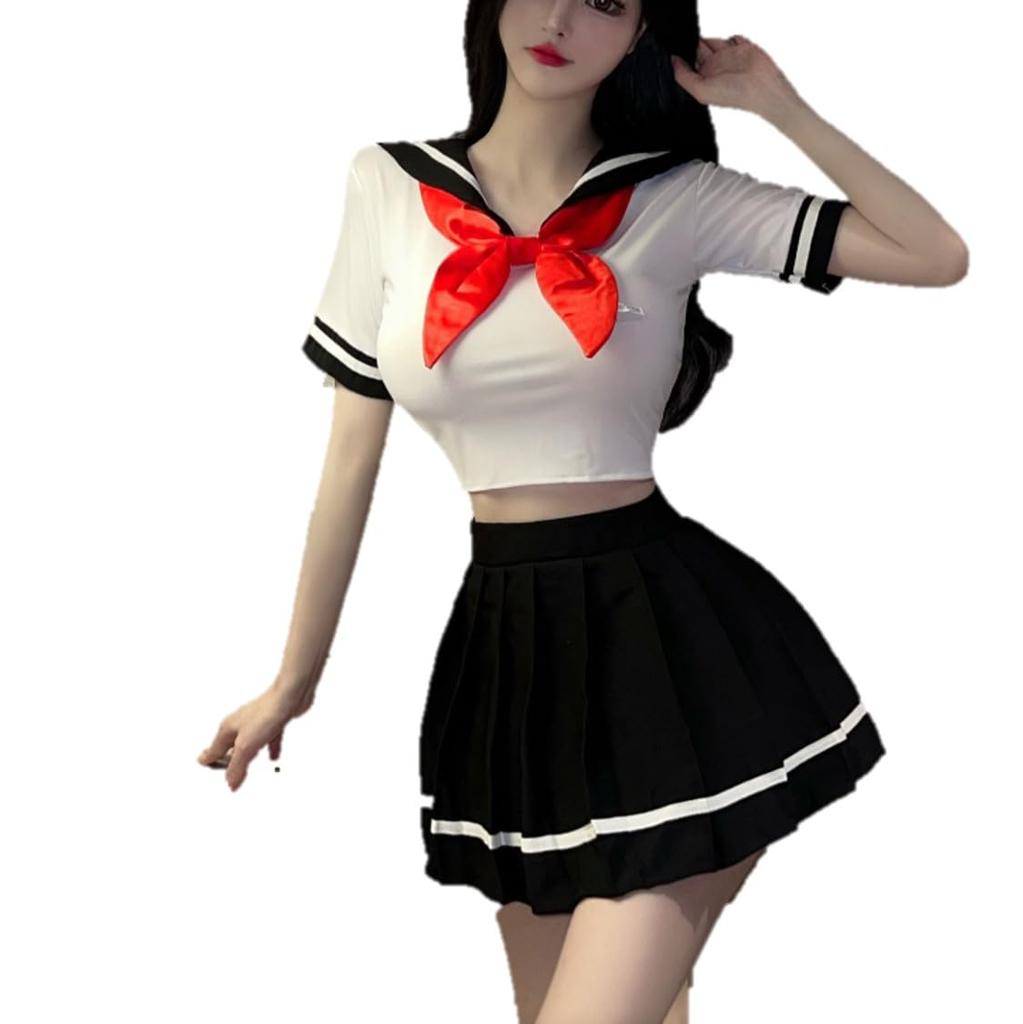 [ST TS] Sexy Sailor Uniform Cosplay Uniform Midriff-Baring Miniskirt for High School Students, JK, School Uniform, Cute and Cute for Adults (Red)