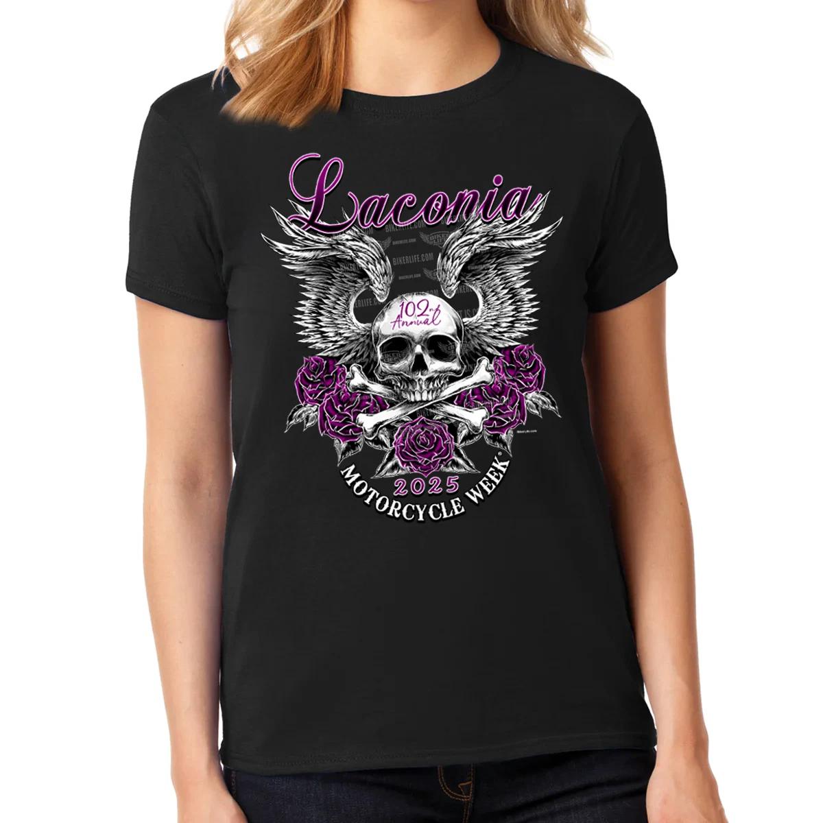 Ladies Missy Cut 2025 Laconia Motorcycle Rally Inked Rose T-Shirt No Harley XXL