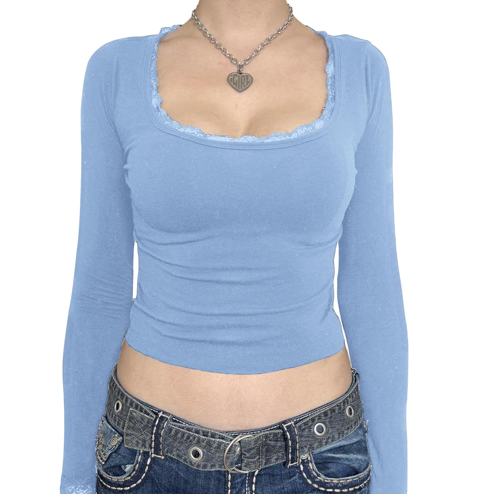 

Женские короткие футболки с кружевной отделкой, рубашки с длинным рукавом и круглым вырезом, весенне-осенние облегающие топы, уличная одежда M синий