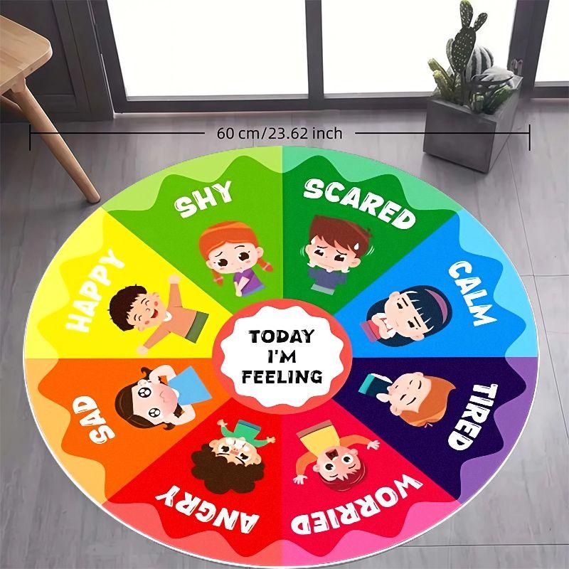 Emotion Wheel Kids Round Rug Flannel Educational Feelings Chart For Toddler Room Calm Angry Happy Sad Scared Tired Worried Shy