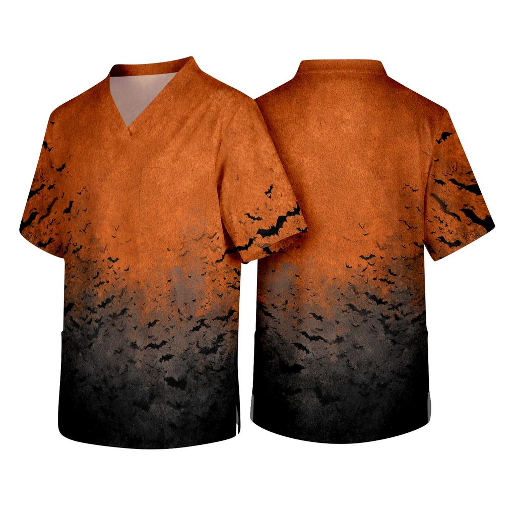 Men's V Neck Short Sleeve Halloween Print Medical Scrub Top with Chest Pocket and Two Lower Pockets Suitable for Healthcare Professionals