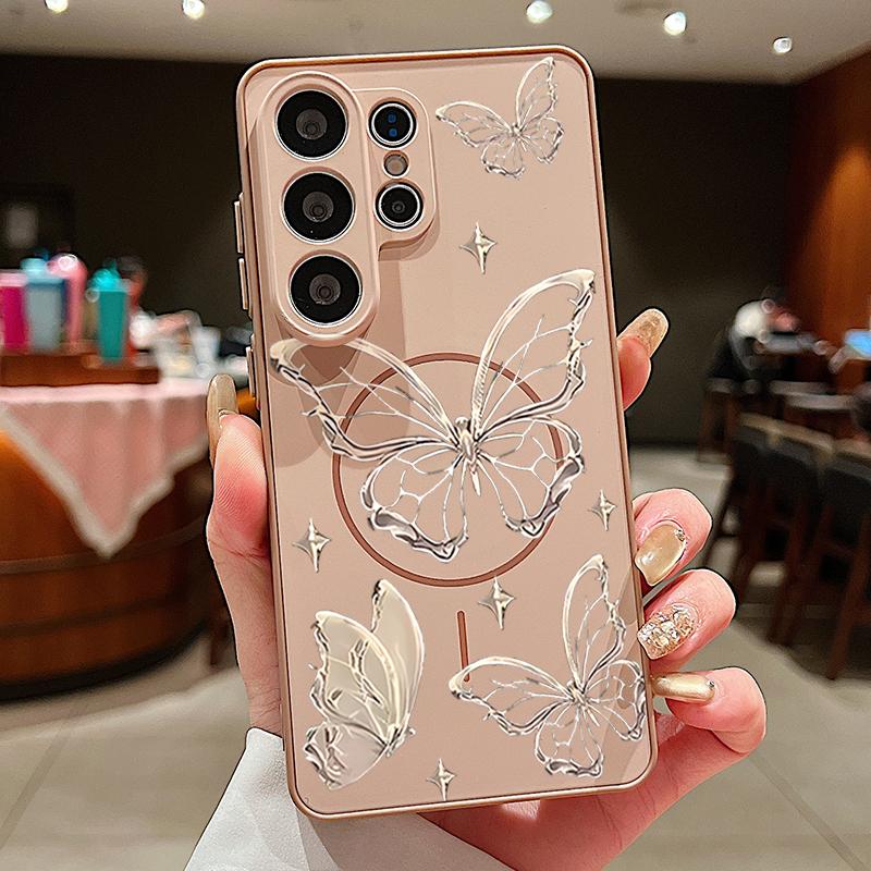 Coque à Motif Fleurs Papillons Pour Samsung Galaxy S26 Ultra S25 Edge S24 Plus S23 FE S22 A17 A54 A55 A56 A57 5G Magnétique Pour Magsafe Housse Mate