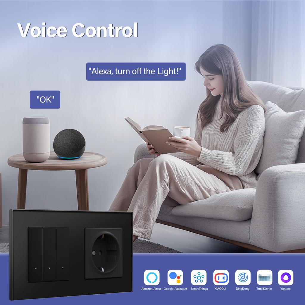 BSEED ZigBee Switches Wall Smart Click Light Switches Yellow Backlight Glass Frame Tuya APP Switch EU Wall Sockets with USB