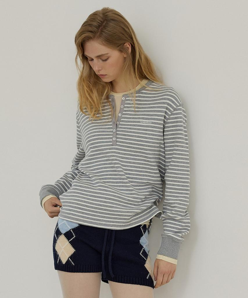 CITYBREEZE Striped Henley Neck Loose Fit T-Shirt_Melange Grey