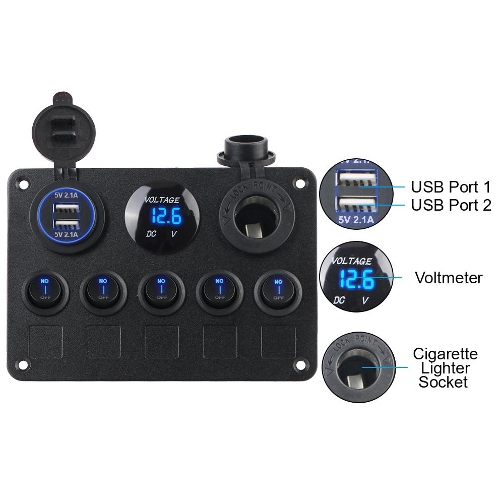 5 Gang Marine LED Rocker Waterproof Digital Voltmeter 12V Outlet Combination Boat Switch Panel Dual USB Port Car Switch Panel