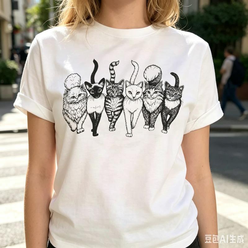 Cute Cats Line Art Print Unisex Tshirt Casual Street Style Crew Neck Short Sleeve Tee For Daily Wear