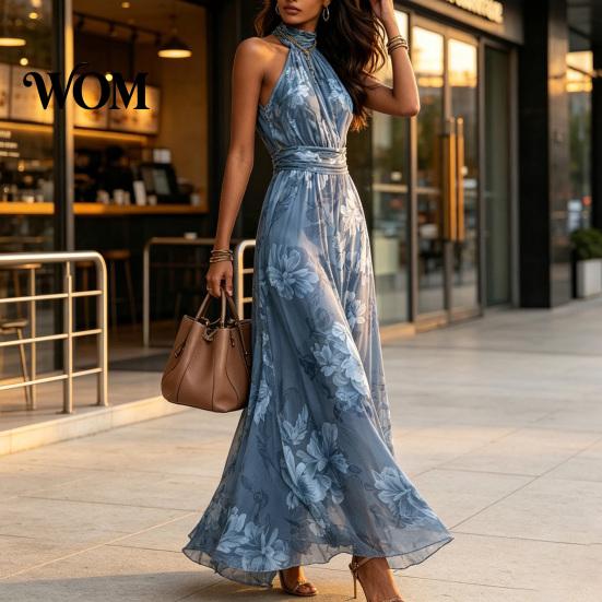 Light Fabric Dress Floral Chiffon for Women, Halter Sleeveless Ruched Maxi Casual Loose Fit Dress, Turtle Neck Wedding Guest Cocktail Evening