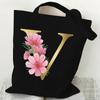 26 Golden Alphabet Floral Tote Bags for Women Large Capacity Canvas Casual New Flower Alphabet Printed Female Reusable Handbag