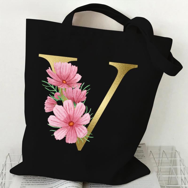 26 Golden Alphabet Floral Tote Bags for Women Large Capacity Canvas Casual New Flower Alphabet Printed Female Reusable Handbag