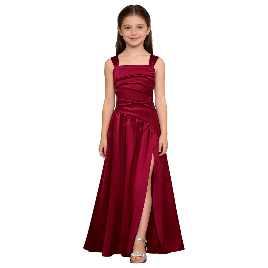 Robe de Soirée Satinée Fleurie pour Fille Sans Manches Corsage Froncé Taille Basse Asymétrique Robe Coupe A Ligne Fente Latérale pour Mariage Baptême
