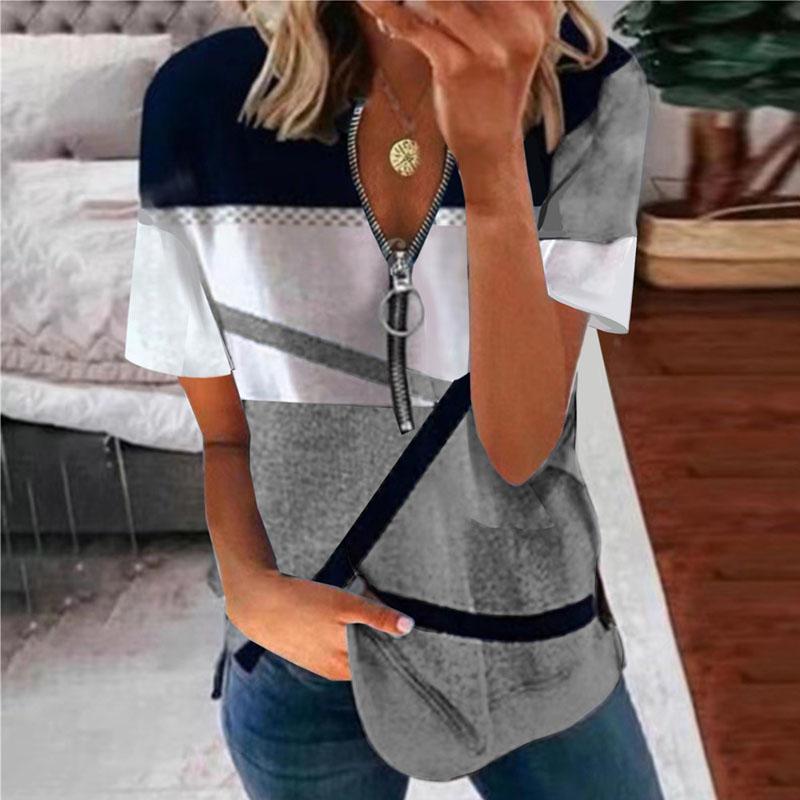 Damer Sommer Casual Trykket Løs Kort Ermet T-skjorte V-hals Glidelåstopp