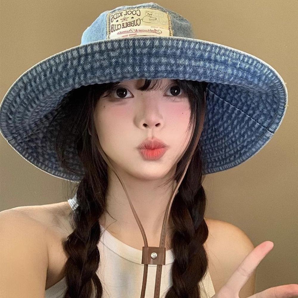 Wide Wings Denim Bucket Hat Big Brimmed Sunscreen Hat Sweet Jeans Fisherman Hat  Climbing