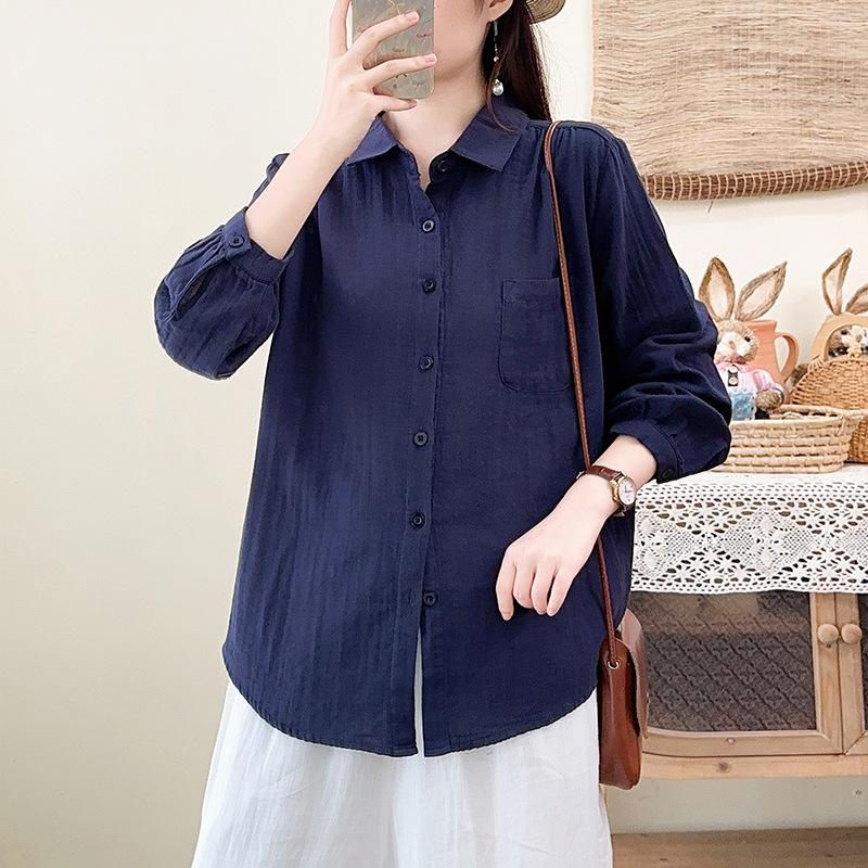 New spring and autumn pure cotton double-layer cotton yarn long-sleeved shirt women's loose and thin temperament casual literary and retro style shirt