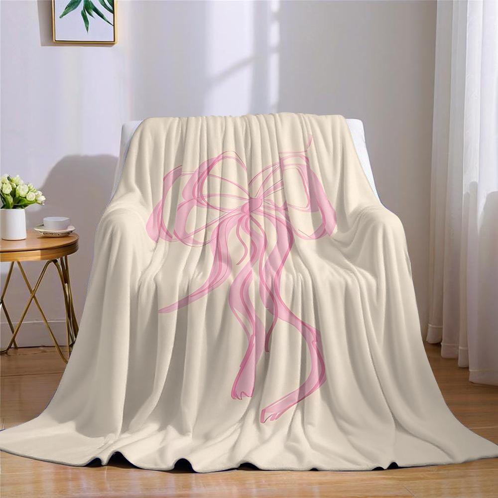 Blush Ribbon Bow Flannel Blanket Warm Soft Halloween Christmas Couch Warm Cozy Decorative Decor Gift for All Season