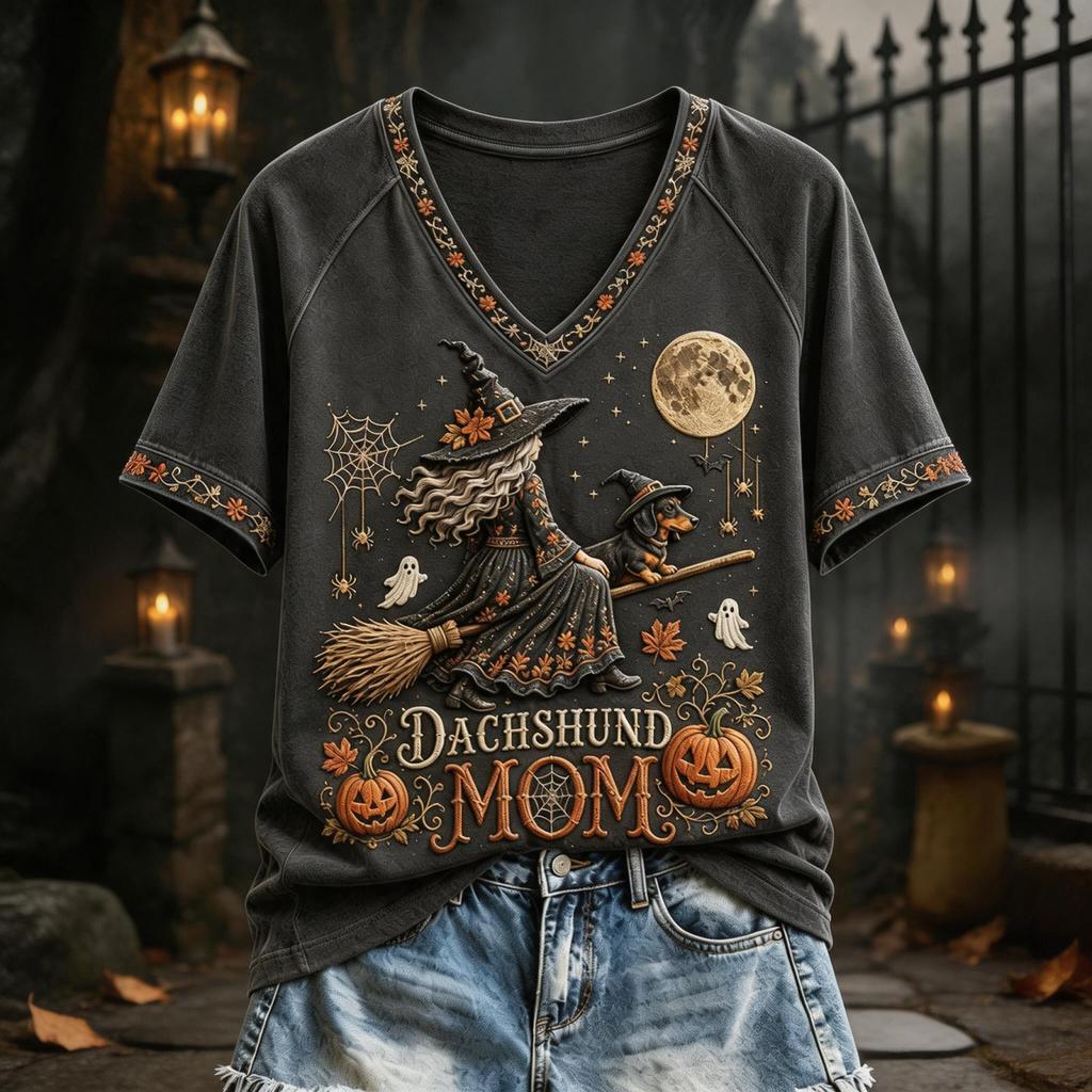 Women's Casual Halloween Print T-Shirt with Raglan Short Sleeves for Everyday Wear