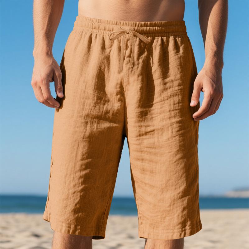Herren Leinen Shorts Elastischer Bund Schnelltrocknende Shorts Herren Einfarbige Atmungsaktive Wadenlange Hose Mann Leichte Tägliche Strandshorts Sommerhosen