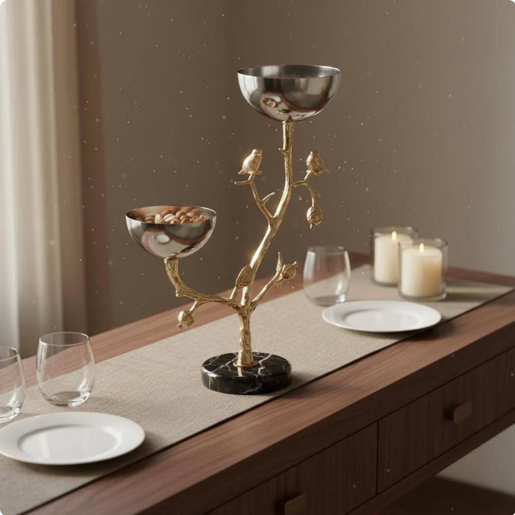 Bird On Branch Serving Bowl Abstract Art Design 2-Tier Fruit Stand Marble Base