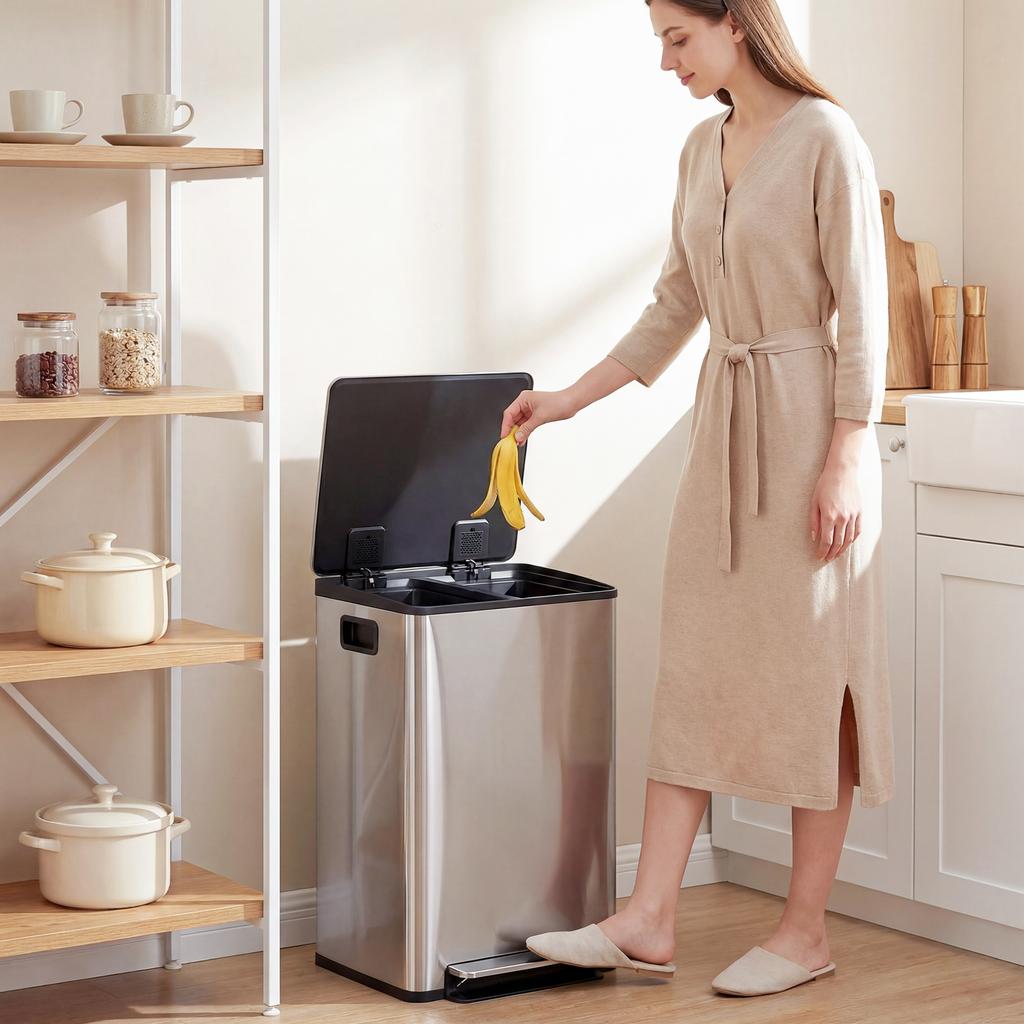 40L Dual Compartment Stainless Steel Bin, with Deodoriser Holders - Silver Tone