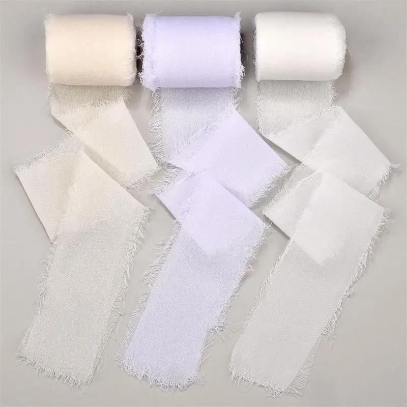 

5M 3Rolls/Pack Handmade Frayed Edged Satin Chiffon Silk Ribbon For Wedding Invitation Wrapping Bouquets Birthday Party Gifts 5 yards x 4cm wide