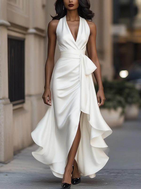 Trendy V-neck Irregular Women's Ruffle Dress