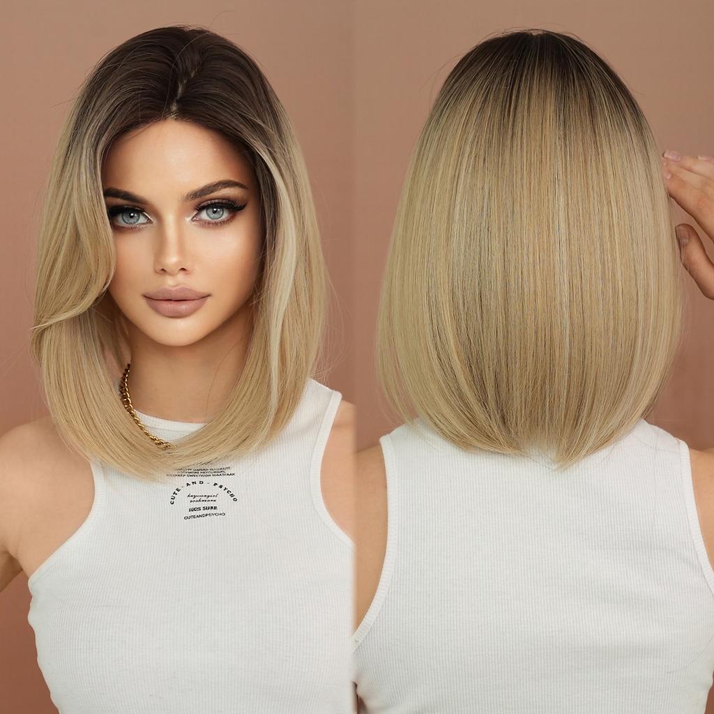 Gradient Blonde Small Lace Wig for Women - Bob Cut Shoulder Length Short Straight Hair, Quick Beauty Full Cap, Lightweight Style Wig