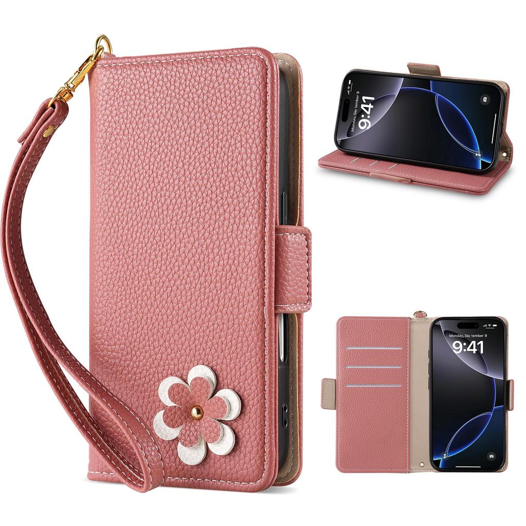 Carina custodia a portafoglio in pelle con coniglio e fiore 3D, supporto per telefono, per iPhone 17 Air 16 15 PM 14 13 12 11 Pro Max XR XS SE 16e 6 7 8 Plus, slot per schede, cover a libro