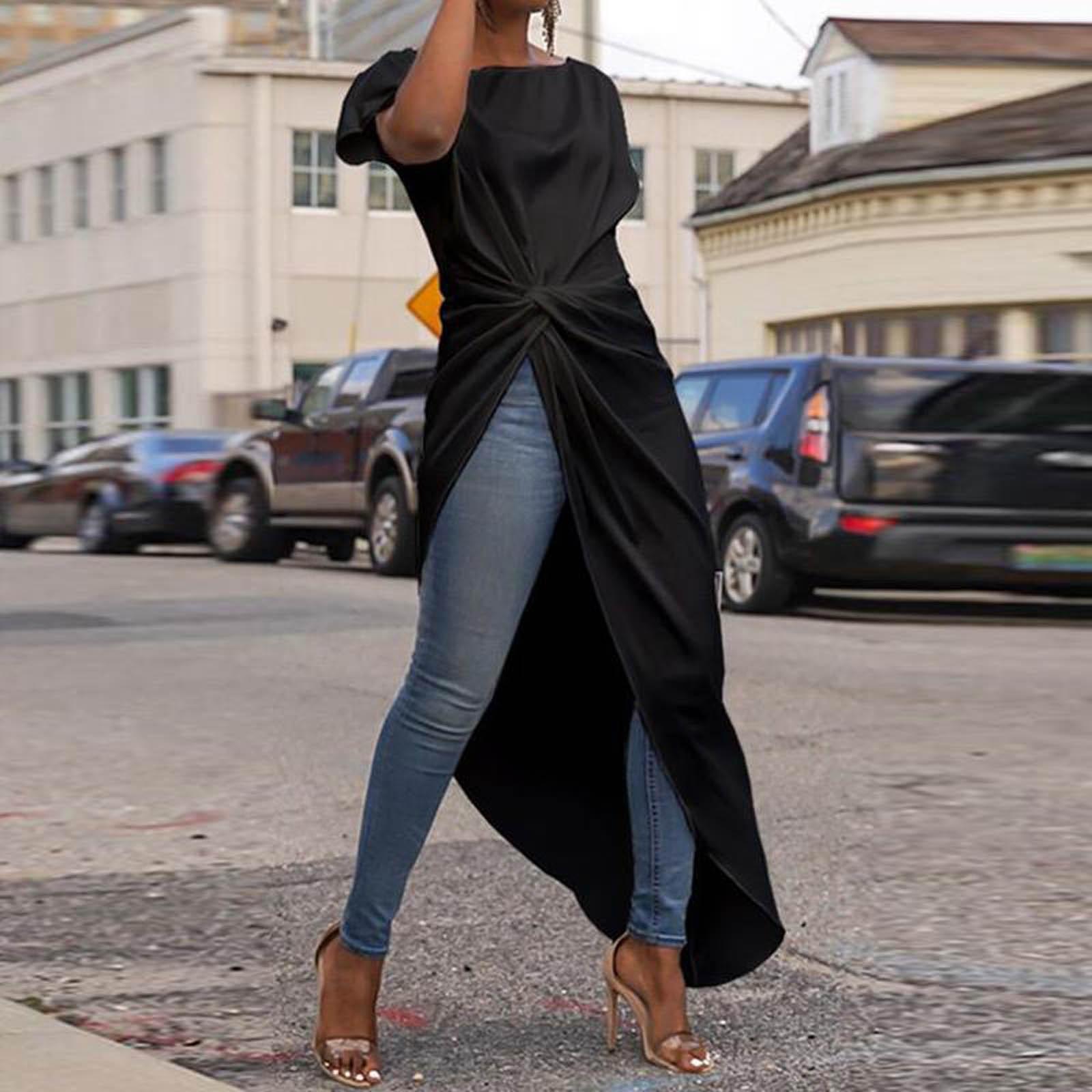 

Женская асимметричная кромка, однотонная, с круглым вырезом, свободная, с короткими рукавами L чёрный