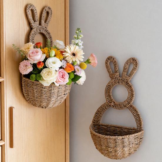 Small Plant Display Basket Easter Bunny Woven Basket, Handmade Rabbit Rustic Wall Hanging Entryway Sundries Storage for Dried or Faux Flowers Plants,