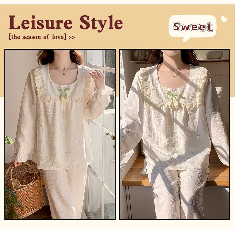 Women's Long Sleeve Pajama Set with Chest Pads, Princess Style, Sweet Home Wear, Spring/Autumn, 2-Piece, Suitable for Outdoors.
