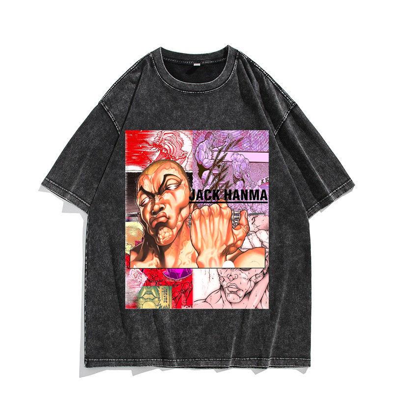 Vintage Washed T Shirt Anime Baki The Grappler Tshirt Hanma Yujiro Gym Short Sleeve Tshirts Oversized Cotton Casual Tee Shirt