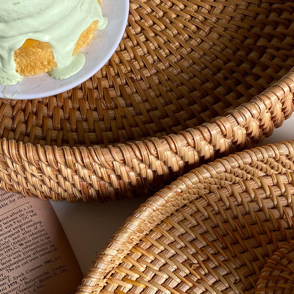 Rattan Round Serving Tray with Handle Large Capacity Sturdy Desktop Organizer Tray for Snack Bread Drink Breakfast Candle