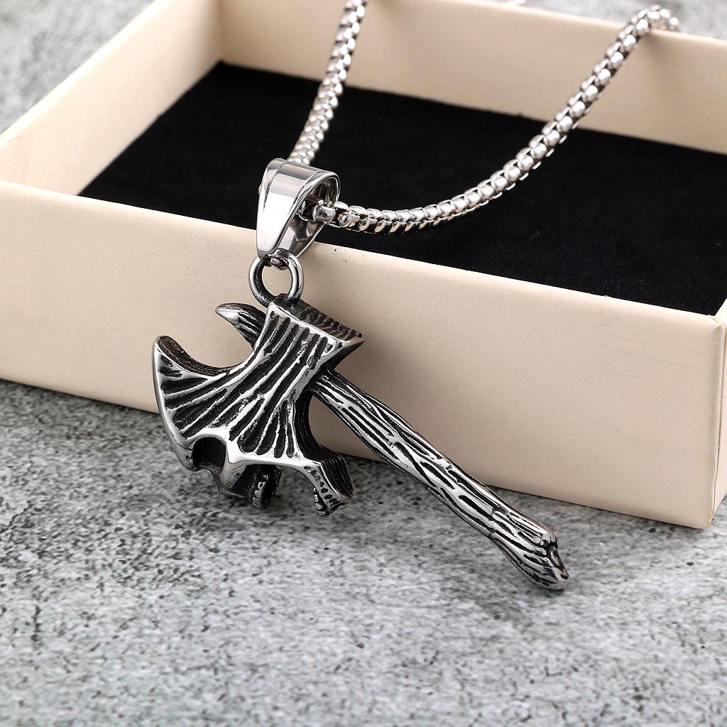 Men's Retro Stainless Steel Skull Axe Pendant Necklace