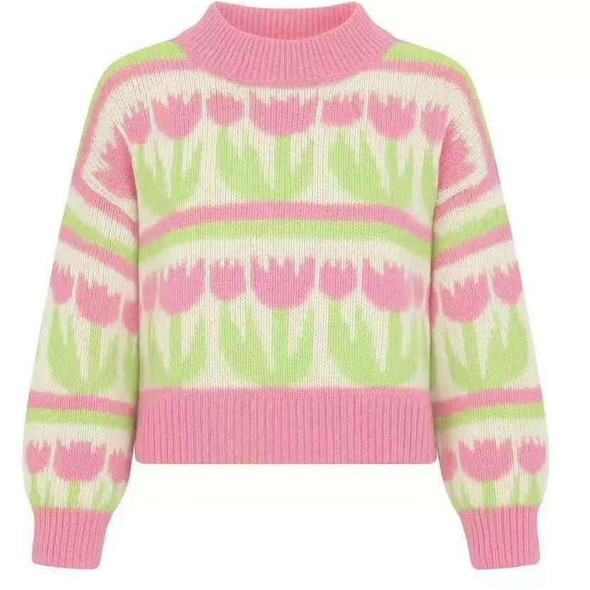 Spring Autumn Heart Jacquard Sweater Women's Loose Relaxed-fit Pullover Luxurious Soft Knit Slimming Versatile Casual Top