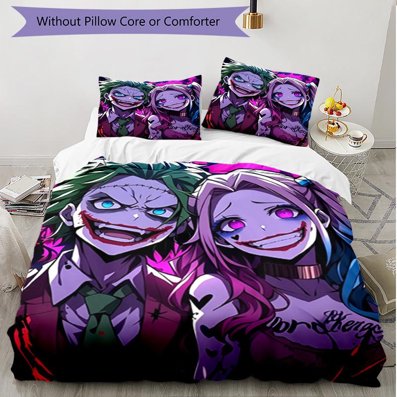 3pcs Duvet Cover Set (1*Duvet Cover + 2*Pillowcase, Without Core), Harley Quinn Joker Print Soft All‑Season Bedding Set, Home Bedroom Decor Gift