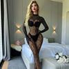 Women Sexy Leopard Hollow Out Mesh Bodystocking Fishnet Lingerie Long Sleeve See Through Bodysuit Jumpsuit Nightwear