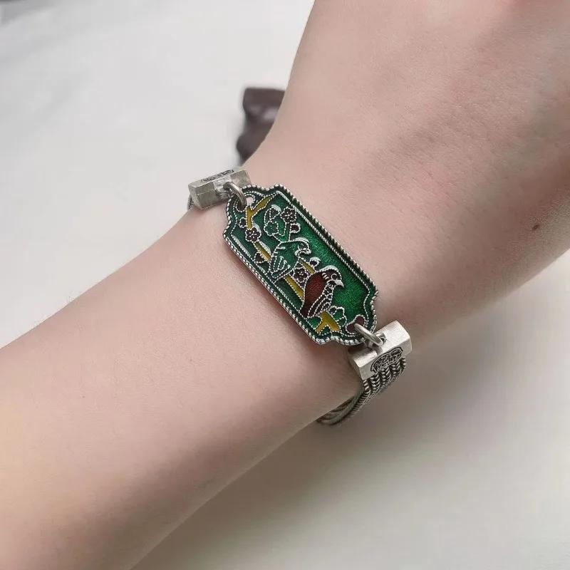 Classical Vintage Exquisite Palace Style Green Enamel Magpie Bracelet for Women Coarse Chain Bangles   Jewelry
