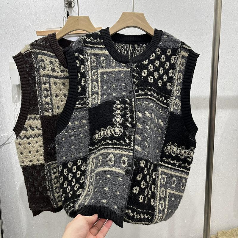 

DIMANAF 2025 Осень Женский Вязаный Жилет Без Рукавов на Пуговицах Оверсайз Повседневный Стиль Свободный Черный Свитер One Size