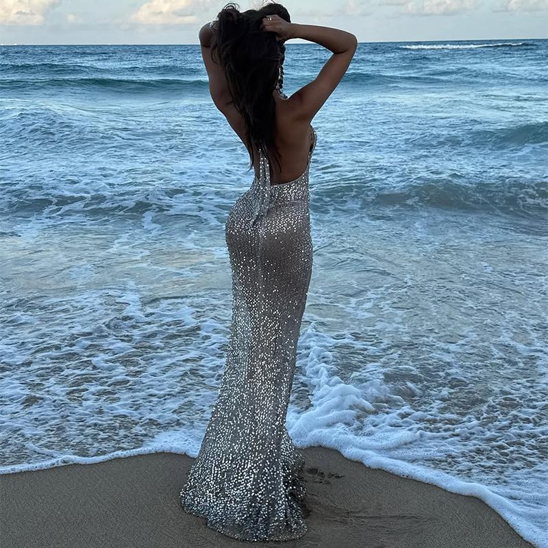 Shiny Sequin Backless Maxi Dress Women Sexy Halter Backless Lace Up Hip Package Mermaid Dresses 2025 Summer Beach Vacation Robes