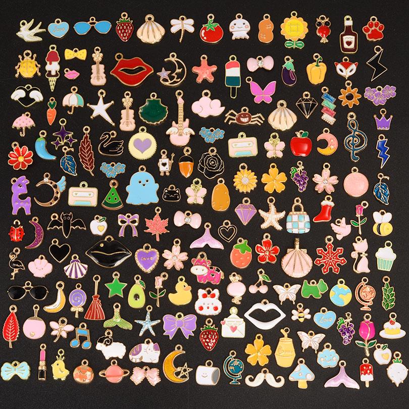 30/60/100pcs Random Mix Enamel/Drip Oil Charms For Jewelry Making Bulk Cute Charm Flower Heart Animal Music DIY Bracelet Pendant