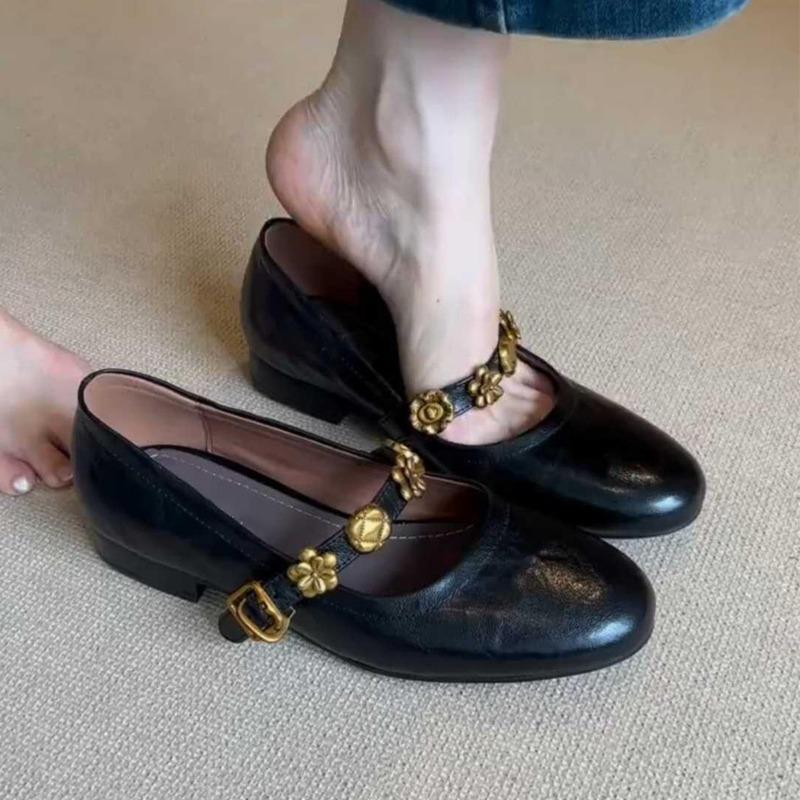 Metal One-word Buckle Leather Mary Jane Shoes Women's Shallow Single Shoes Low-heeled Temperament Ballet Shoes