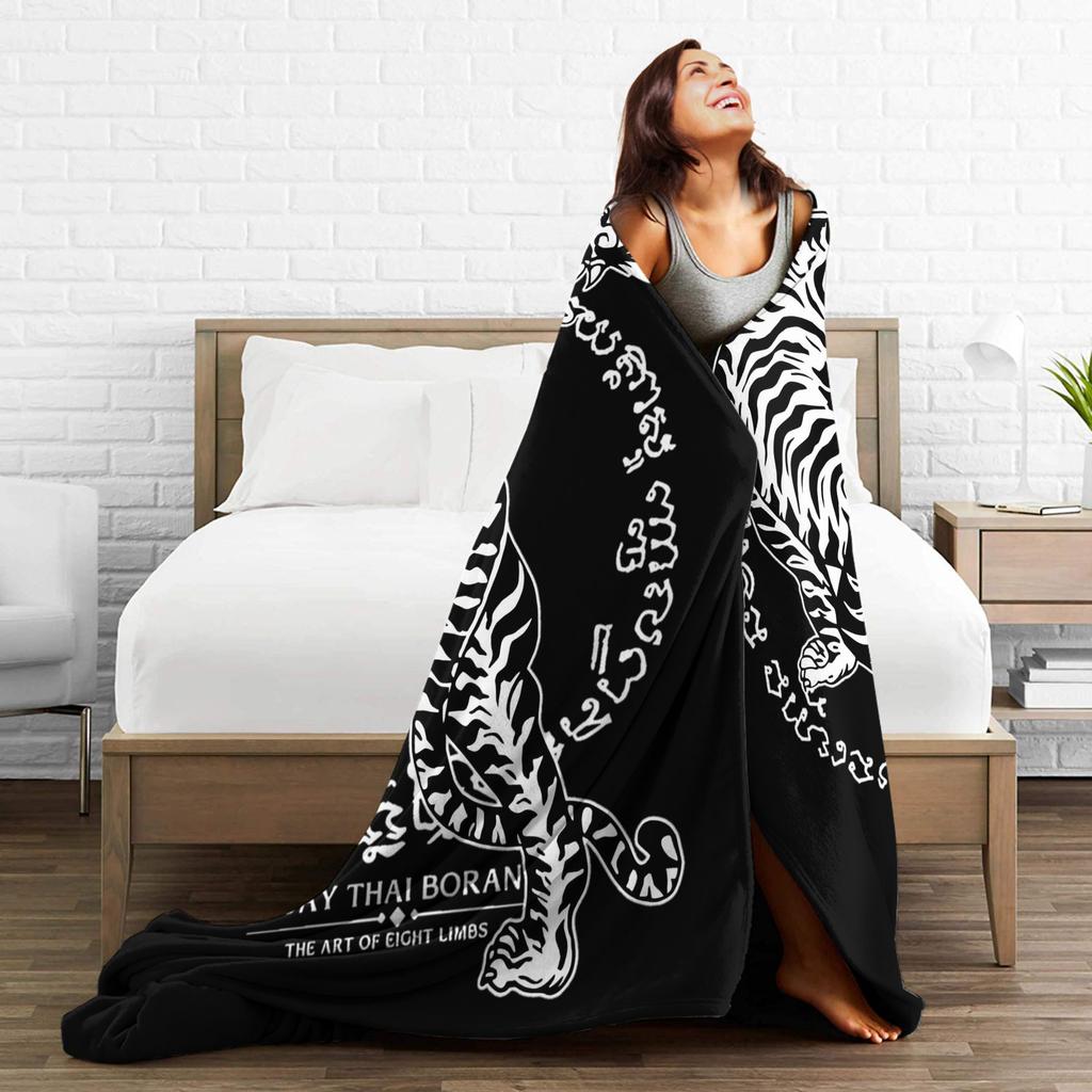 Muay Thai Sak Yant Tiger Knitted Blankets Boxing Fighter Fleece Throw Blankets Bedroom Sofa Lightweight Bedspread Multifunction