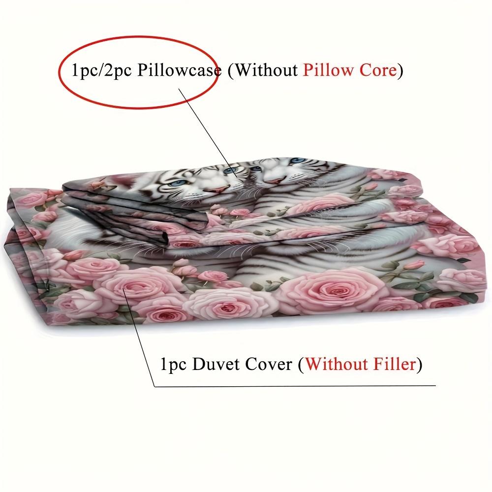 2/3Pcs Tiger Rose 3D Print Duvet Cover Set (1 Duvet Cover + 1/2 Pillowcase, Without Core), Elegant White Tiger Animal Flowers
