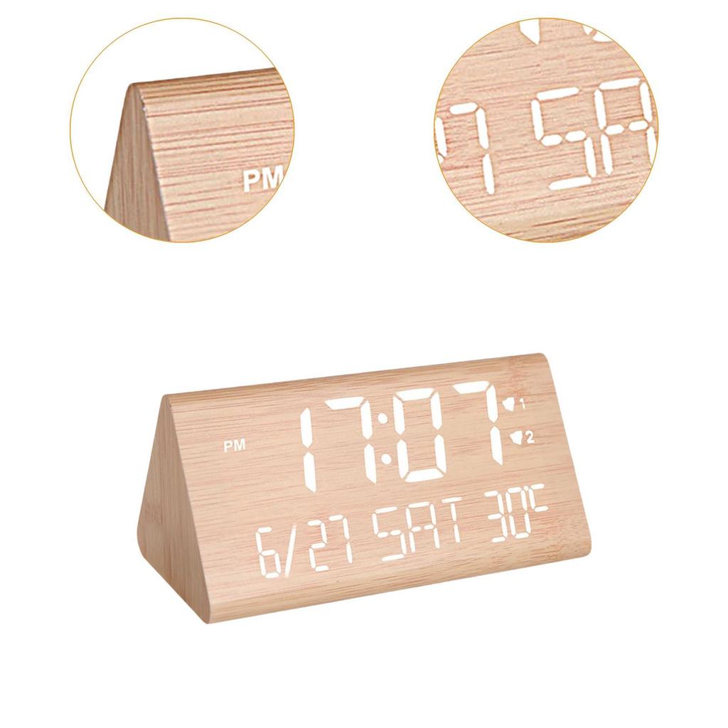 Digital Alarm Clock Wooden Multifunction Modern LED Time Display Electronic Clock for Desk Living Room Bedside NightStand Office