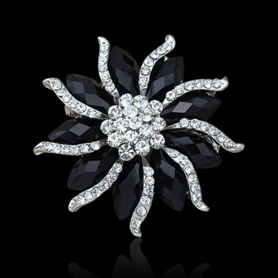 Women's Xmas Gift Blossom Flower Brooch Black Crystal Rhinstones Collar Pin