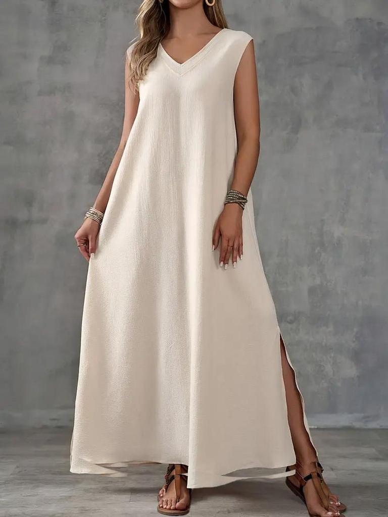 2026 Sleeveless V-Neck Solid Color Two-Piece Slit Dress for Women