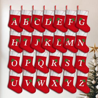 Christmas Stocking 26 Letters Design Knitted Pattern Holly Embellished Festive Holiday Christmas Hanging Ornament