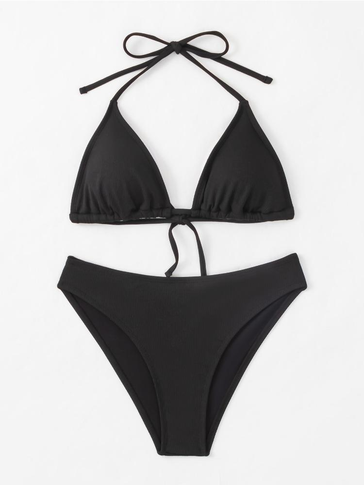 Ribbed Triangle Cup Tie Side Sexy Bikini Swimsuit Fashionable For Summer Holiday