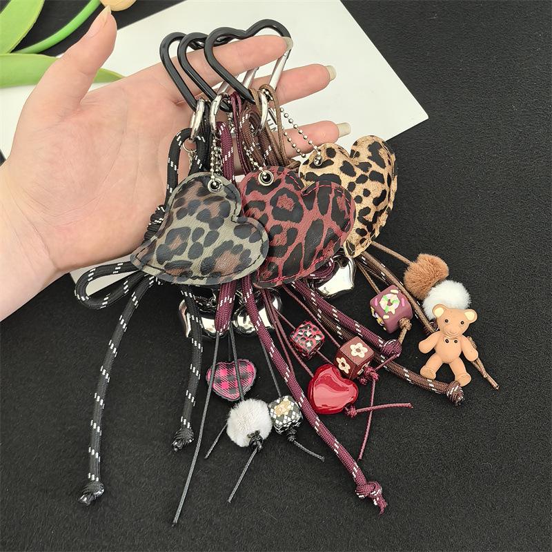 Leopard Print Heart Leather Bow Knot Keychain and Phone Pendant